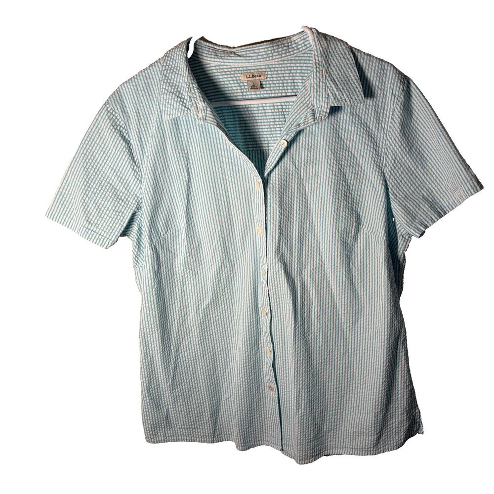 LL Bean Shirt Women's Large Seersucker Blue Striped Button Up Short Sleeve